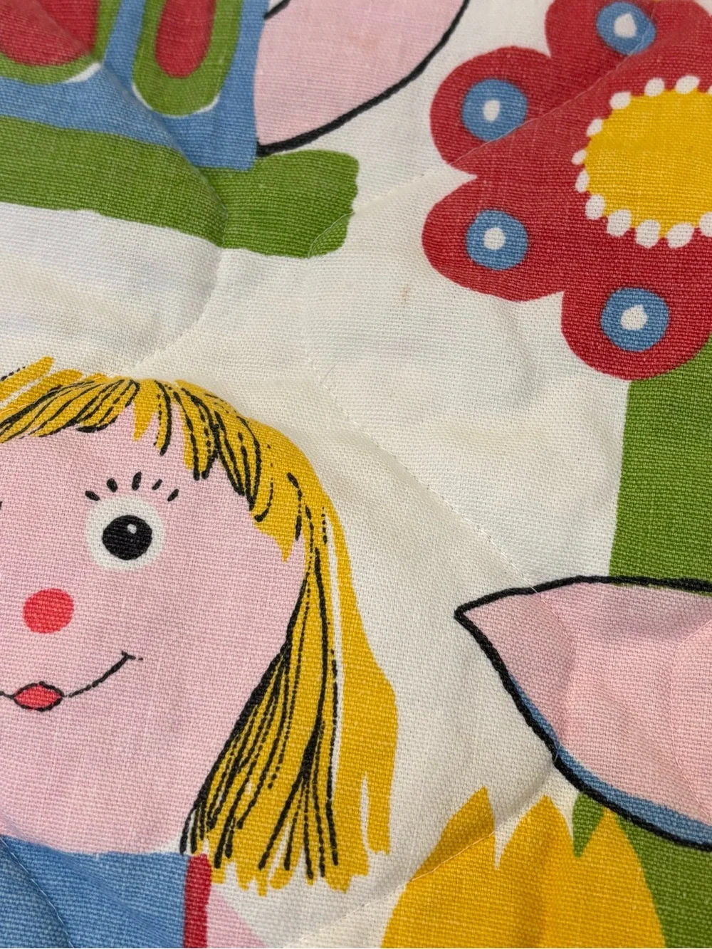 Vintage ‘70s Storybook Nursery Blanket Retro Ragdoll Yellow Kitsch Crib Quilt
